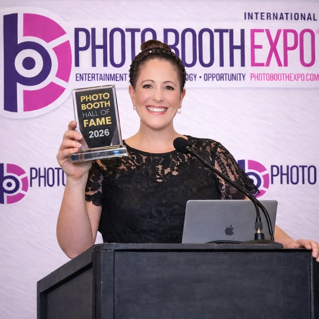 Monica Gunderlock accepting her 2026 Photo Booth Hall of Fame award